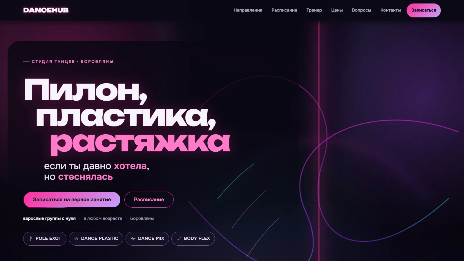DanceHub dance studio website first screen